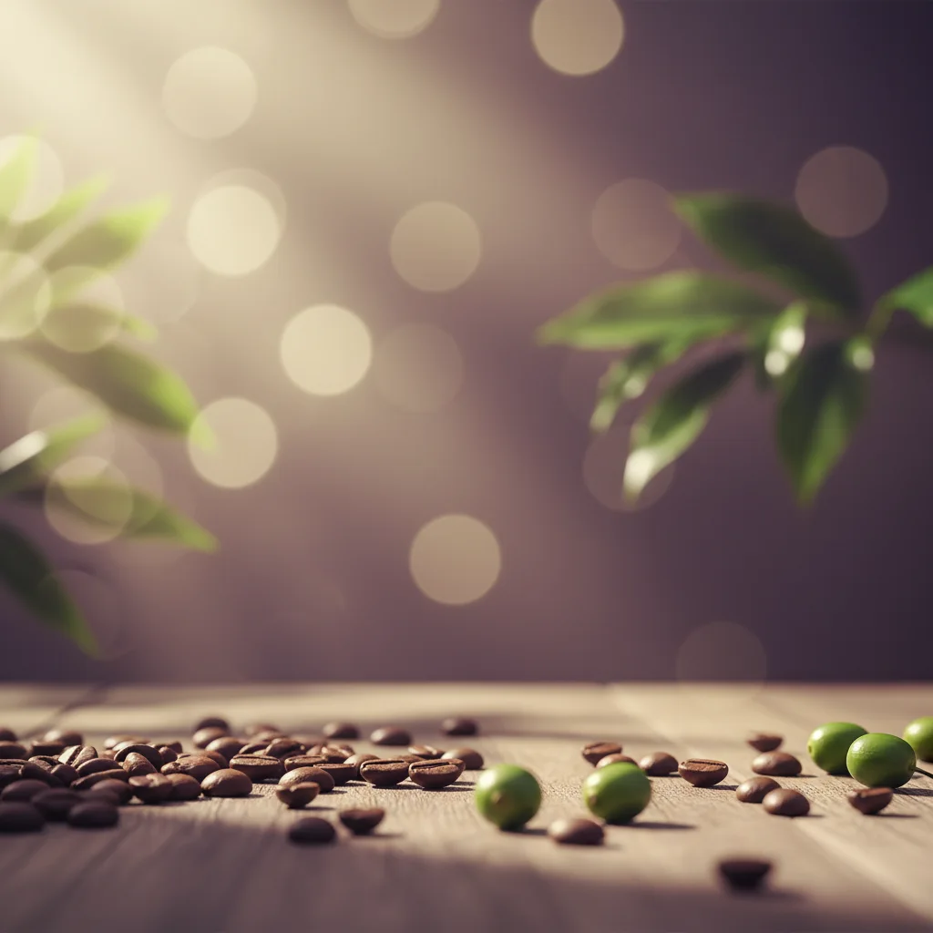 Warm botanical morning light with coffee beans and green leaves